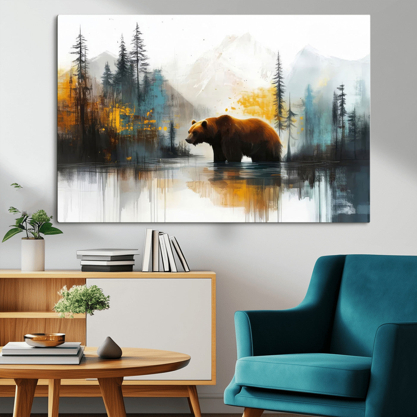 50308-MGV-CV-36X24-Abstract Rustic Bear Wall Art – Forest and Mountain Scene Canvas Print, Nature Artwork for Modern Farmhouse or Log Cabin Decor