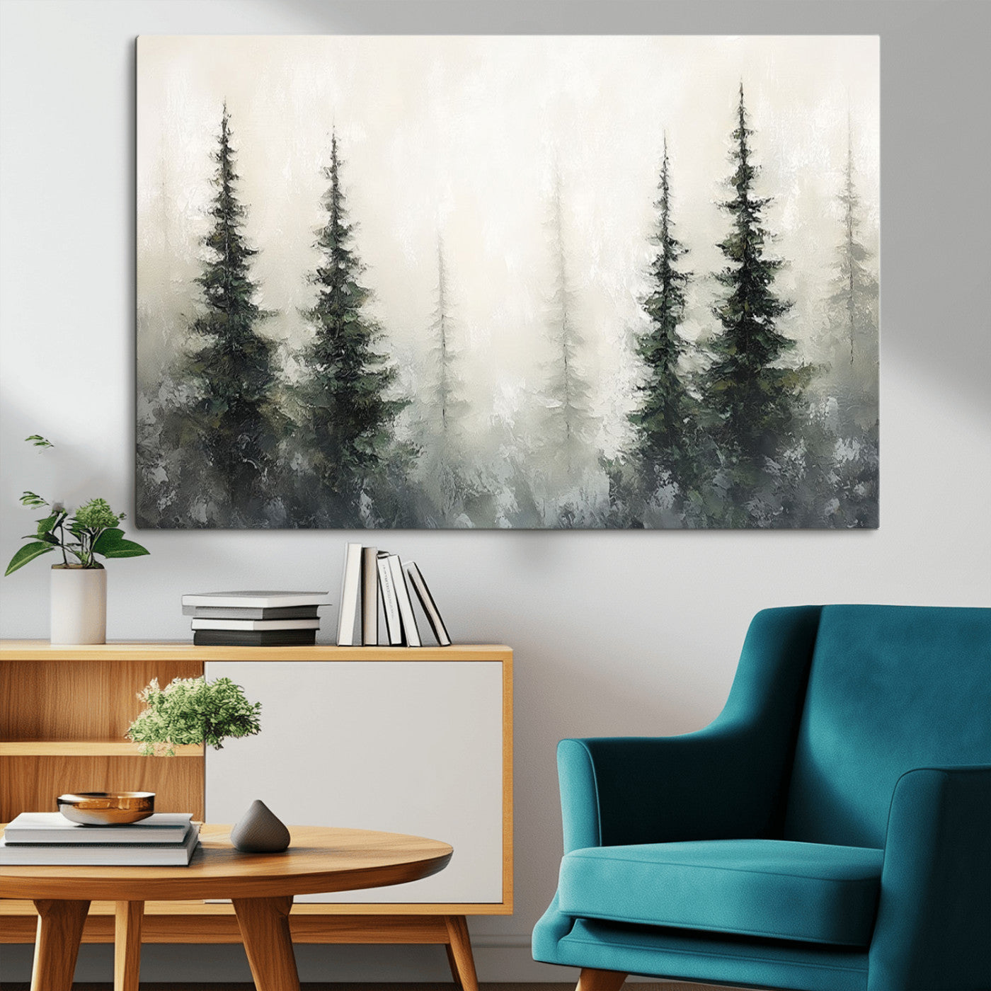 33241-MGV-CV-36X24-Misty Forest Wall Art Canvas Print, Framed Foggy Pines Art Picture Print, Forest Haze Perfect Rustic Minimalist Decor Artwork