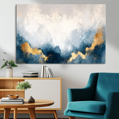 14578-MGV-CV-36X24-Abstract Wall Art – Modern Canvas Print Featuring Blue and White Clouds with Golden Accents, Contemporary Elegant Artwork for