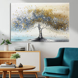 24771-MGV-CV-36X24-Silver Tree Wall Art Canvas Print, Framed Golden Leaves Art Picture Print, Metallic Tree Perfect Minimalist Luxury Decor Artwork