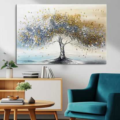 24771-MGV-CV-36X24-Silver Tree Wall Art Canvas Print, Framed Golden Leaves Art Picture Print, Metallic Tree Perfect Minimalist Luxury Decor Artwork