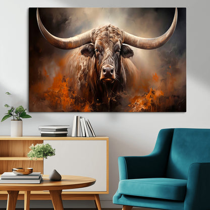 240479-MGV-CV-36X24-Longhorn Bull Wall Art – Dramatic Western Canvas Print Featuring Horned Bull with Fiery Background, Rustic Farmhouse Artwork for