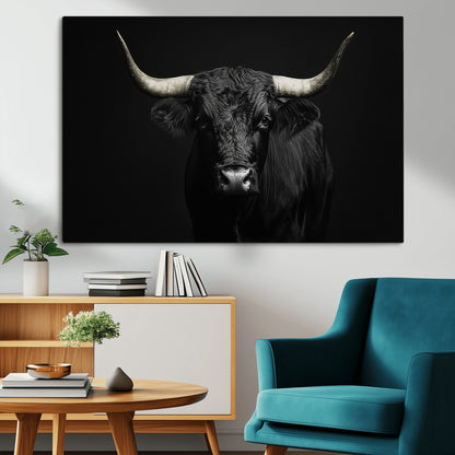 97914921-MGV-CV-36X24-Black Bull Wall Art Canvas Print, Framed Longhorn Bull Art Picture Print, Western Bull Perfect Monochrome Western Decor Artwork