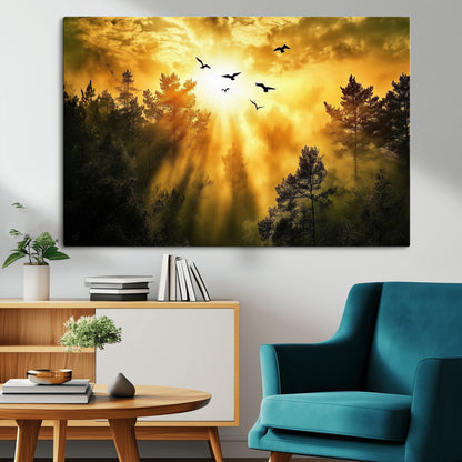 13776802-MGV-CV-36X24-Golden Forest Wall Art Canvas Print, Framed Sunset Pines Art Picture Print, Flying Birds Perfect Nature Glow Decor Artwork