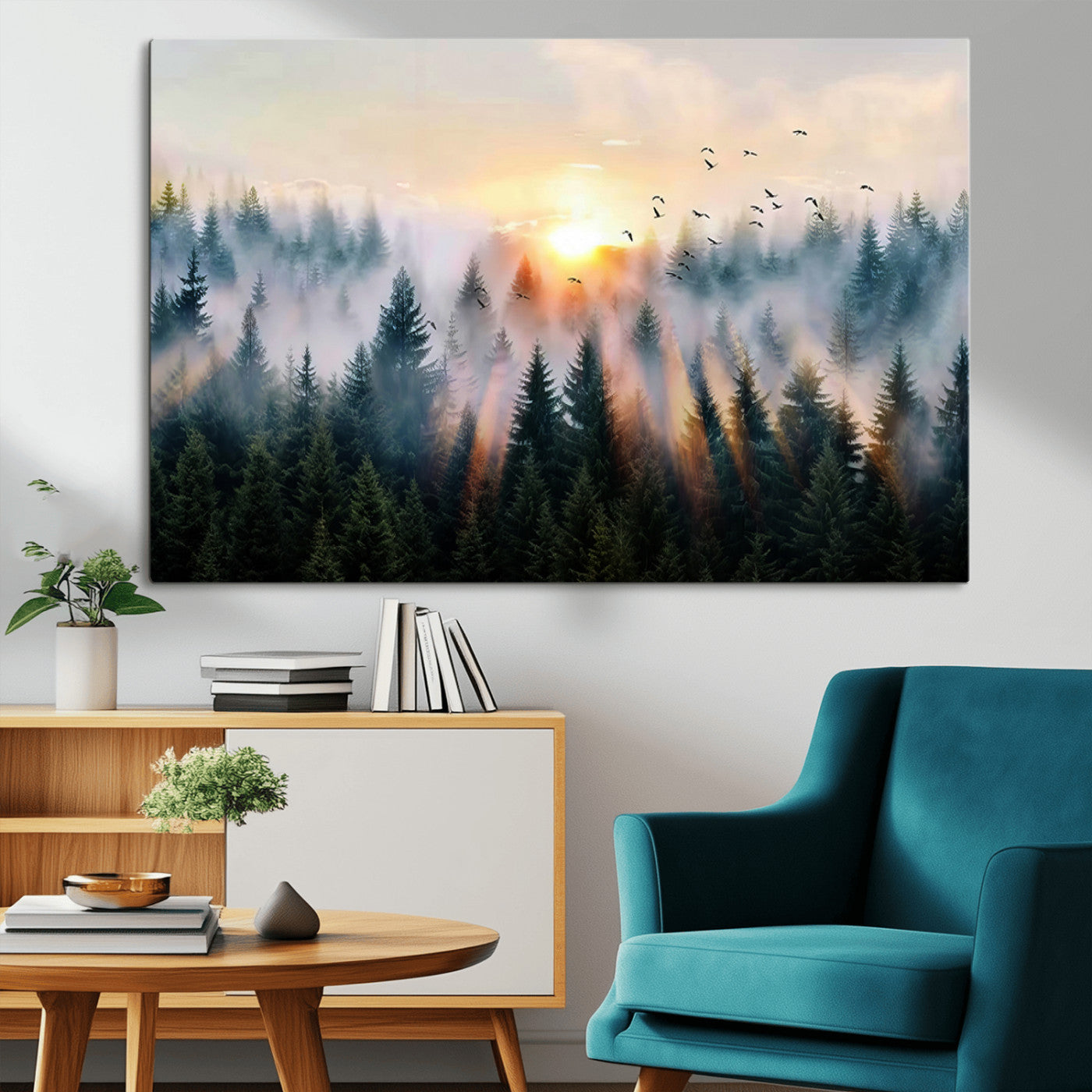 56391411-MGV-CV-36X24-Misty Forest Wall Art Canvas Print, Framed Sunrise Pines Art Picture Print, Moody Pines Perfect Serene Woodland Decor Artwork