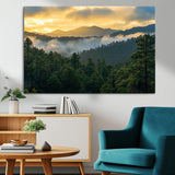 68082278-MGV-CV-36X24-Mountain Sunrise Wall Art Canvas Print, Framed Pine Forest Art Picture Print, Misty Mountains Perfect Earthy Woodland Decor