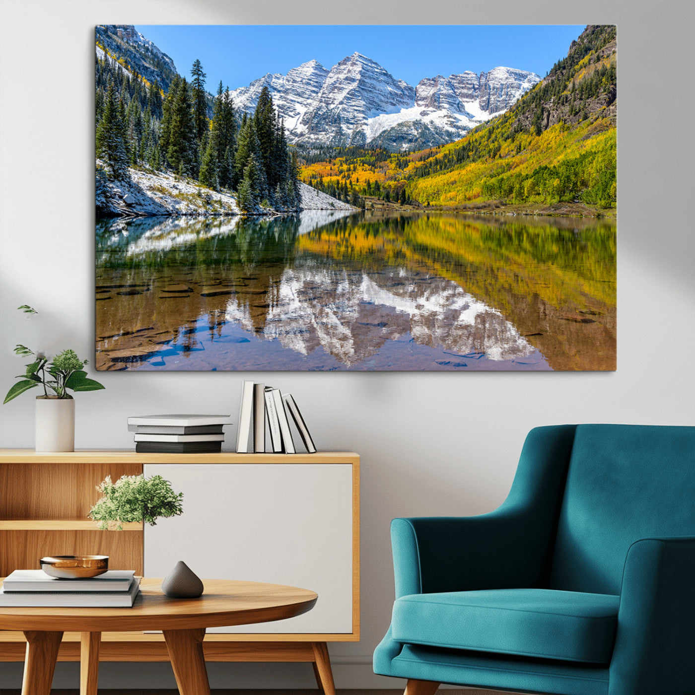 87724099-MGV-CV-36X24-Maroon Bells Wall Art Canvas Print, Framed Snowy Mountains Art Picture Print, Pine Forest Perfect Vibrant Alpine Decor Artwork