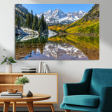 87724099-MGV-CV-36X24-Maroon Bells Wall Art Canvas Print, Framed Snowy Mountains Art Picture Print, Pine Forest Perfect Vibrant Alpine Decor Artwork