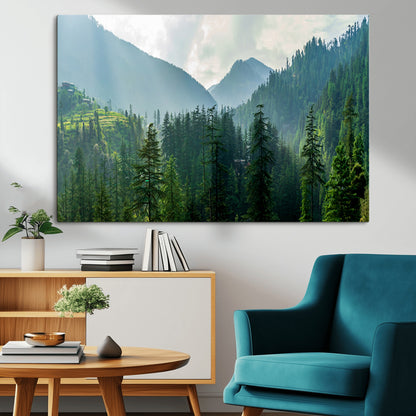 83417191-MGV-CV-36X24-Misty Mountain Forest Wall Art – Pine Tree Landscape Canvas Print, Nature Photography Panorama, Tranquil Green Forest Décor for