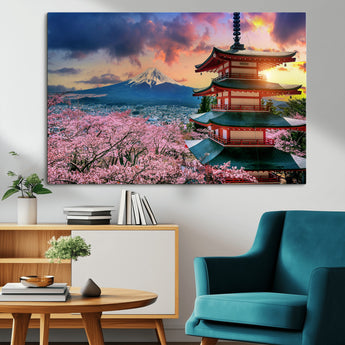32331262-MGV-CV-36X24-Mount Fuji Japan Wall Art – Cherry Blossom Landscape Canvas Print, Chureito Pagoda Sunset Photography, Japanese Nature Travel