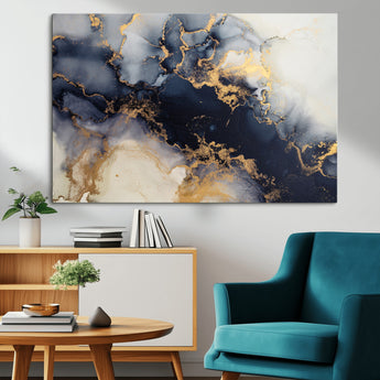 41136487-MGV-CV-36X24-Black Marble Wall Art Canvas Print, Framed Gold Veins Art Picture Print, Abstract Texture Perfect Moody Luxe Decor Artwork
