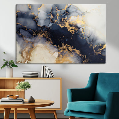 41136487-MGV-CV-36X24-Black Marble Wall Art Canvas Print, Framed Gold Veins Art Picture Print, Abstract Texture Perfect Moody Luxe Decor Artwork
