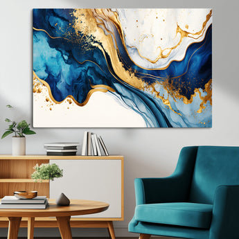 60283636-MGV-CV-36X24-Blue Gold Flow Wall Art Canvas Print, Framed Marble Texture Art Picture Print, Elegant Splash Perfect Elegant Abstract Decor