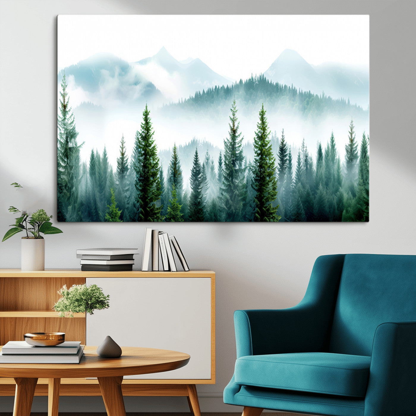 16716676-MGV-CV-36X24-Pine Forest Wall Art Canvas Print, Framed Misty Mountains Art Picture Print, Foggy Trees Perfect Moody Forest Decor Artwork