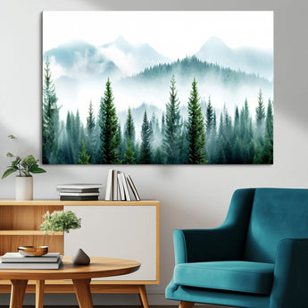 16716676-MGV-CV-36X24-Pine Forest Wall Art Canvas Print, Framed Misty Mountains Art Picture Print, Foggy Trees Perfect Moody Forest Decor Artwork