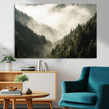 57570237-MGV-CV-36X24-Misty Valley Wall Art Canvas Print, Framed Foggy Forest Art Picture Print, Pine Trees Perfect Moody Woodland Decor Artwork