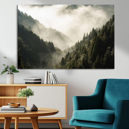 57570237-MGV-CV-36X24-Misty Valley Wall Art Canvas Print, Framed Foggy Forest Art Picture Print, Pine Trees Perfect Moody Woodland Decor Artwork