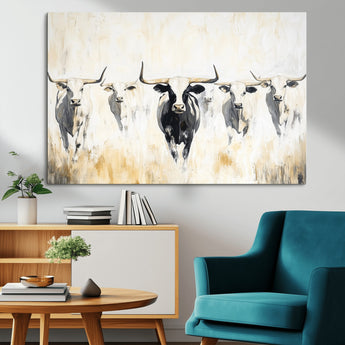 40397799-MGV-CV-36X24-Texas Longhorn Wall Art Canvas Print, Framed Rustic Herd Art Picture Print, Western Bull Perfect Neutral Western Decor Artwork