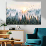92718976-MGV-CV-36X24-Misty Forest Wall Art Canvas Print, Framed Sunrise Pines Art Picture Print, Foggy Woodland Perfect Moody Woodland Decor Artwork