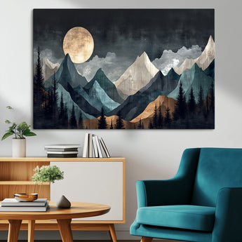 11060882-MGV-CV-36X24-Moonlit Mountains Wall Art Canvas Print, Framed Forest Silhouette Art Picture Print, Night Landscape Perfect Modern Forest Decor