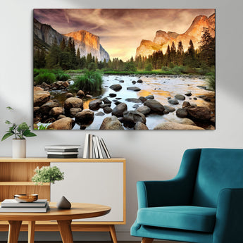 90956031-MGV-CV-36X24-Yosemite Valley Wall Art – Scenic Mountain River Landscape Canvas Print, Nature Photography for Living Room, Bedroom, Cabin,