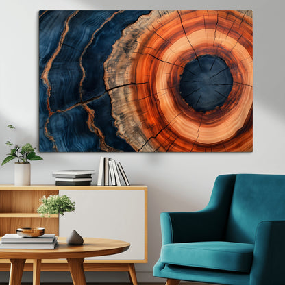 41123192-MGV-CV-36X24-Tree Ring Canvas Wall Art – Abstract Blue Orange Wood Grain Print, Rustic Modern Nature Artwork for Living Room, Bedroom, Office