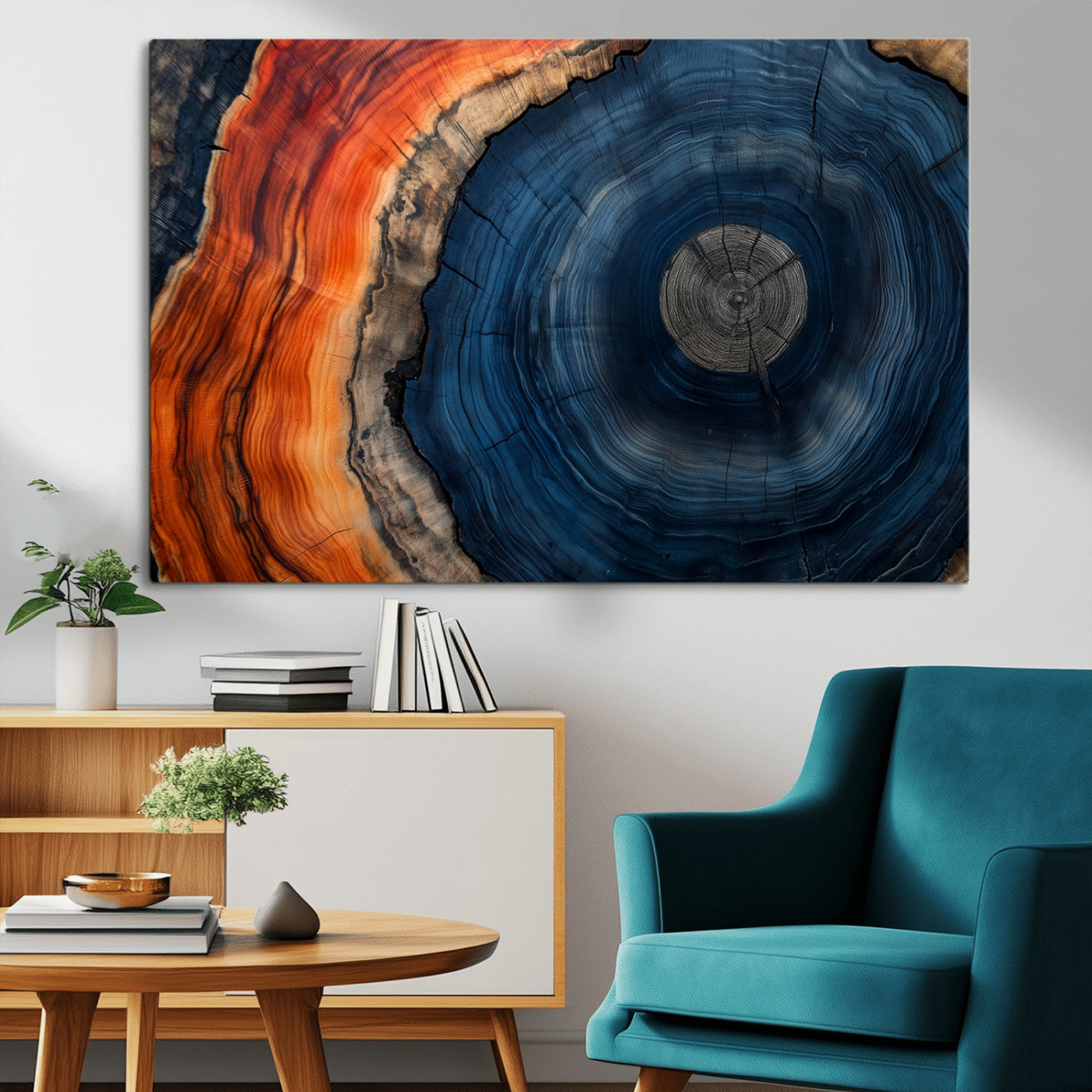 99491700-MGV-CV-36X24-Tree Ring Canvas Wall Art – Blue Orange Abstract Wood Grain Print, Rustic Modern Nature Artwork for Living Room, Office, Bedroom