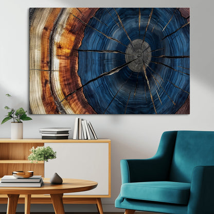60099360-MGV-CV-36X24-Blue Tree Ring Wall Art – Rustic Wood Grain Canvas Print, Modern Abstract Artwork with Natural Texture for Living Room, Bedroom,