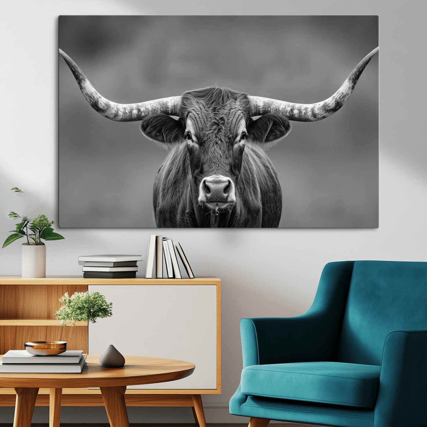 81228550-MGV-CV-36X24-Framed Texas Longhorn Bull Art Canvas Print, Western Bull Wall Art Print, Long Horn Bull Photo Print for Log Cabin, Large Bull