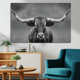 81228550-MGV-CV-36X24-Framed Texas Longhorn Bull Art Canvas Print, Western Bull Wall Art Print, Long Horn Bull Photo Print for Log Cabin, Large Bull