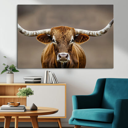 12179171-MGV-CV-36X24-Texas Longhorn Wall Art Canvas Print, Framed Brown Bull Art Picture Print, Lone Cattle Perfect Rustic Western Decor Artwork
