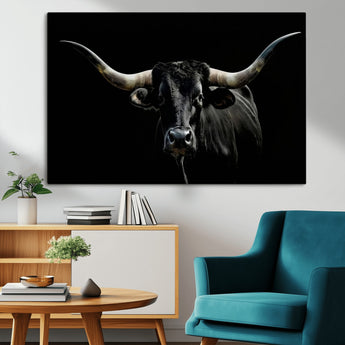 37531960-MGV-CV-36X24-Black Longhorn Bull Wall Art – Dramatic Western Cattle Canvas Print, Rustic Farmhouse Animal Artwork for Living Room, Bedroom,