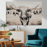 27497342-MGV-CV-36X24-Texas Longhorn Wall Art Canvas Print, Framed Speckled Cow Art Picture Print, Horned Cattle Perfect Rustic Western Decor Artwork