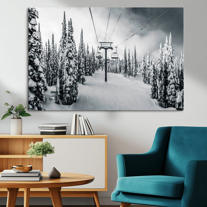 31156828-MGV-CV-36X24-Snowy Pines Wall Art Canvas Print, Framed Ski Lift Art Picture Print, Winter Forest Perfect Moody Lodge Decor Artwork