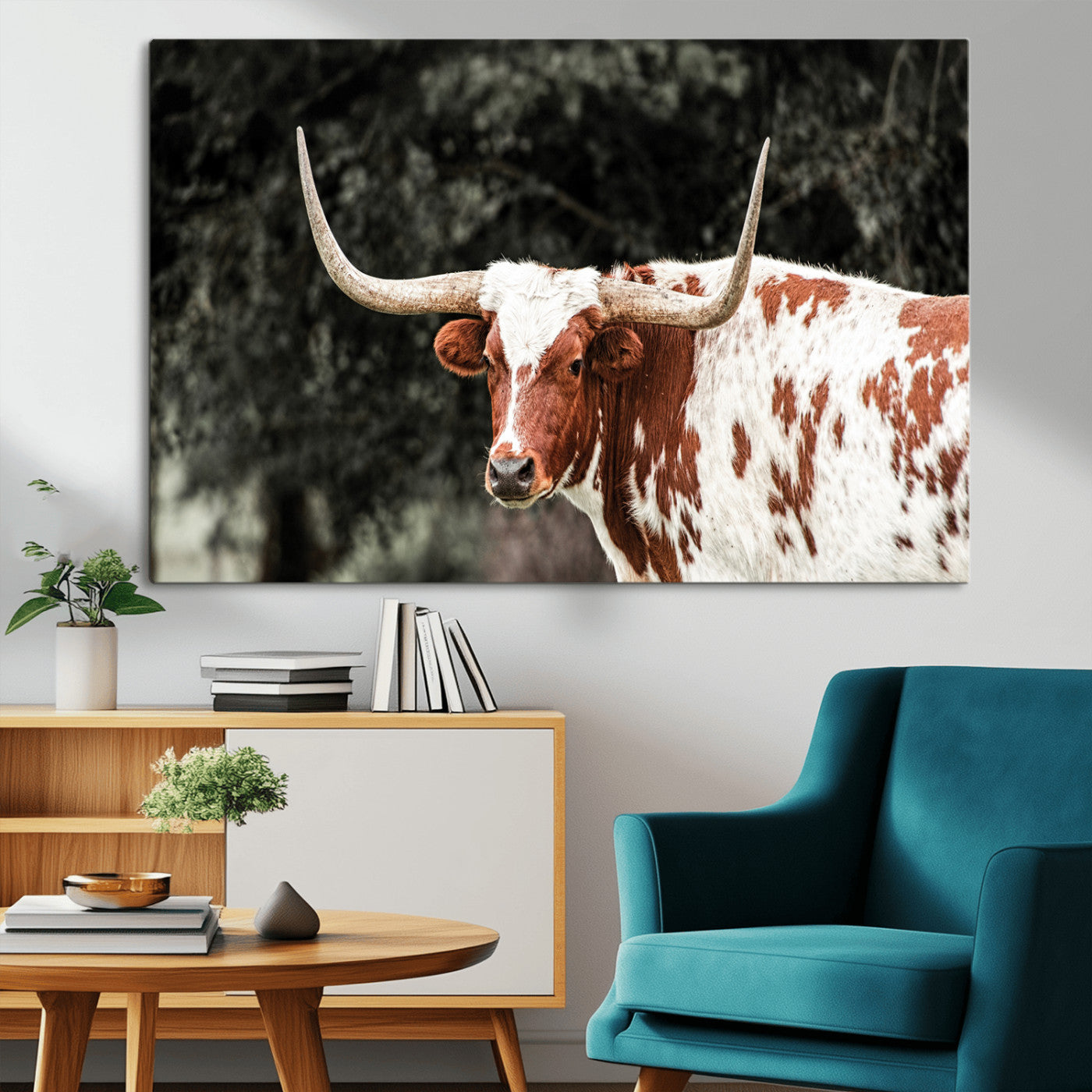 54027638-MGV-CV-36X24-Texas Longhorn Wall Art Canvas Print, Framed Spotted Cow Art Picture Print, Horned Bull Perfect Rustic Western Decor Artwork
