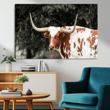 54027638-MGV-CV-36X24-Texas Longhorn Wall Art Canvas Print, Framed Spotted Cow Art Picture Print, Horned Bull Perfect Rustic Western Decor Artwork