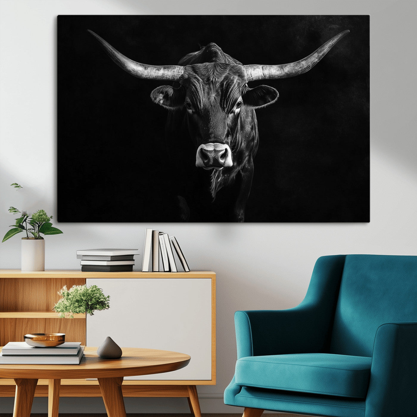 42077175-MGV-CV-36X24-Texas Longhorn Wall Art Canvas Print, Framed Monochrome Bull Art Picture Print, Horned Bull Perfect Rustic Western Decor Artwork