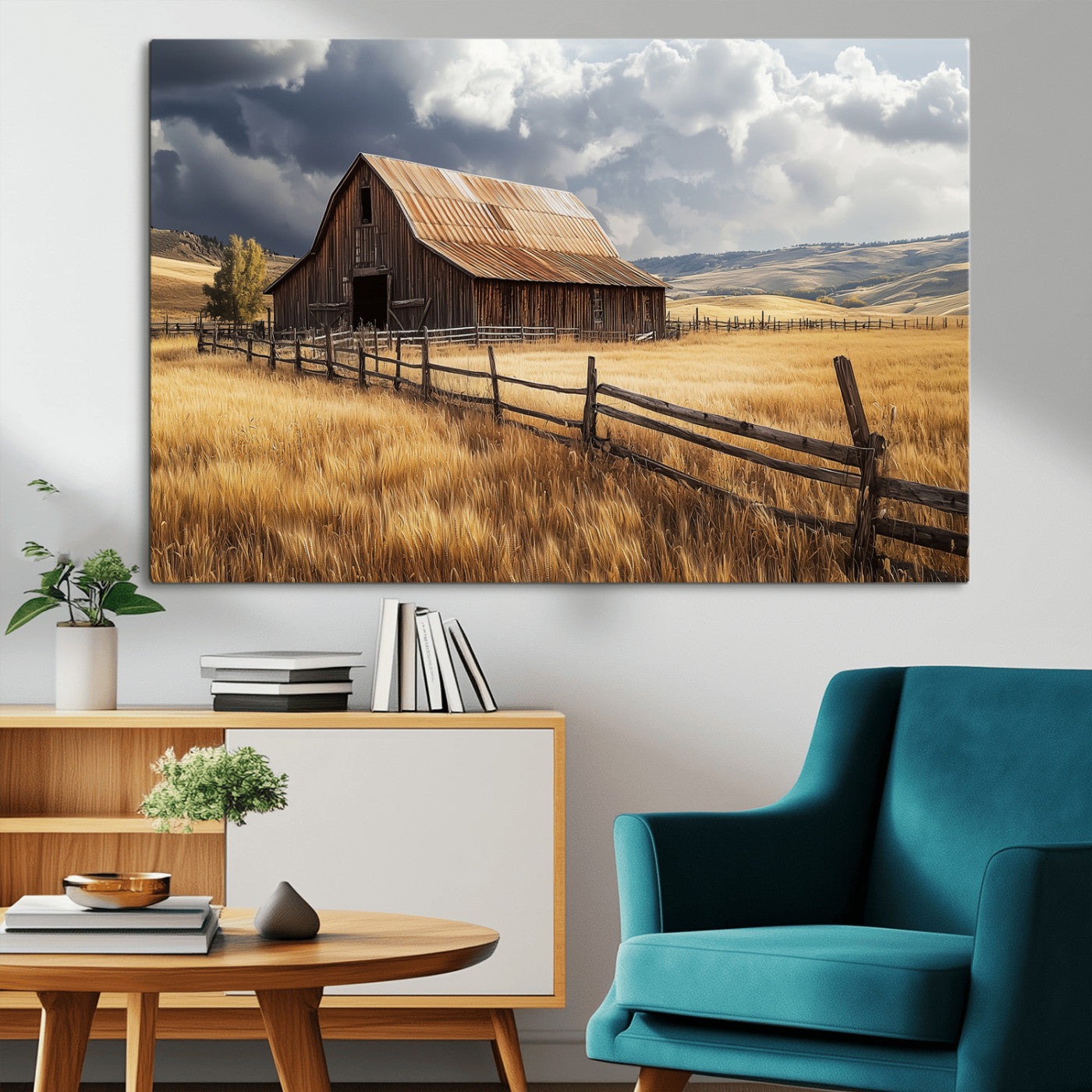 38758826-MGV-CV-36X24-Rustic Barn Wall Art Canvas Print, Framed Moody Barn Art Picture Print, Golden Field Perfect Rustic Farmhouse Decor Artwork