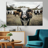 79025945-MGV-CV-36X24-Texas Longhorn Wall Art Canvas Print, Framed Speckled Cow Art Picture Print, Horned Cattle Perfect Rustic Western Decor Artwork