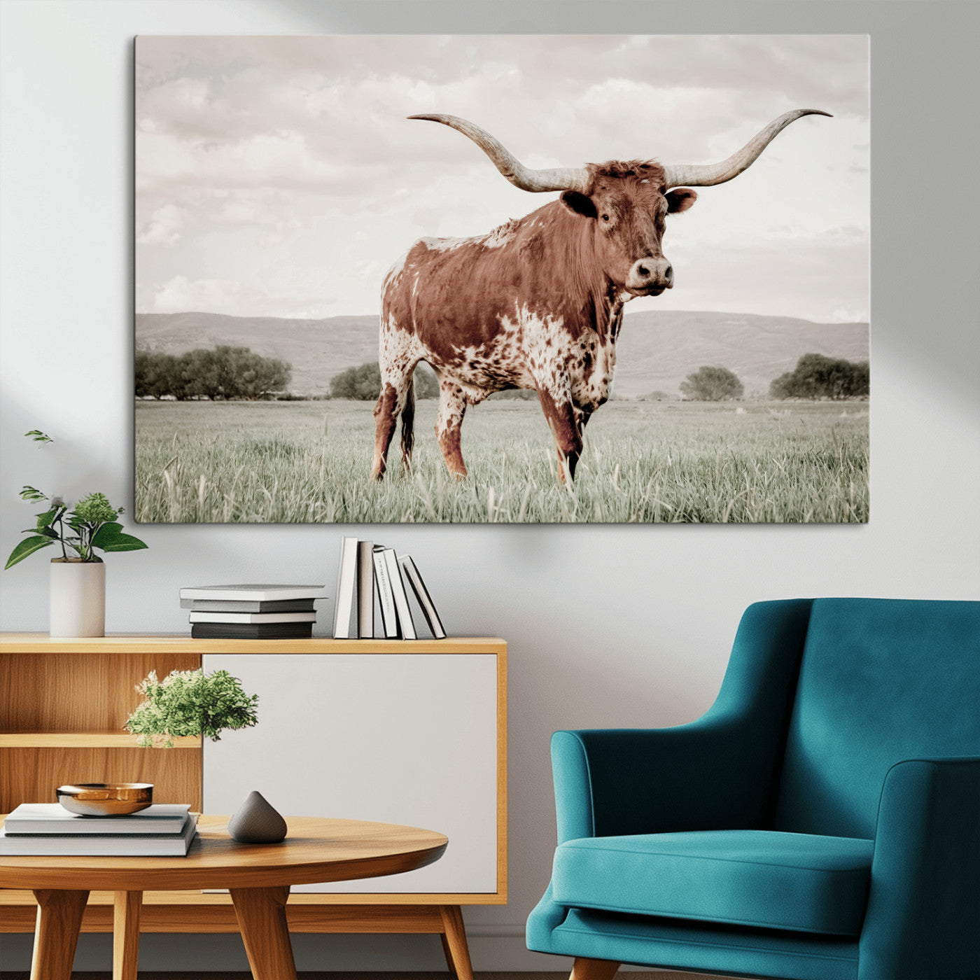 28309012-MGV-CV-36X24-Texas Longhorn Wall Art Canvas Print, Framed Spotted Cattle Art Picture Print, Horned Bull Perfect Rustic Western Decor Artwork