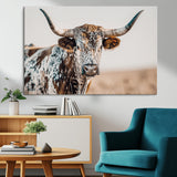 70414966-MGV-CV-36X24-Texas Longhorn Wall Art Canvas Print, Framed Speckled Cow Art Picture Print, Horned Bull Perfect Rustic Western Decor Artwork