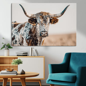 70414966-MGV-CV-36X24-Texas Longhorn Wall Art Canvas Print, Framed Speckled Cow Art Picture Print, Horned Bull Perfect Rustic Western Decor Artwork