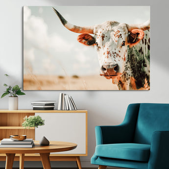 72766375-MGV-CV-36X24-Texas Longhorn Wall Art Canvas Print, Framed Spotted Cow Art Picture Print, Horned Cattle Perfect Rustic Western Decor Artwork