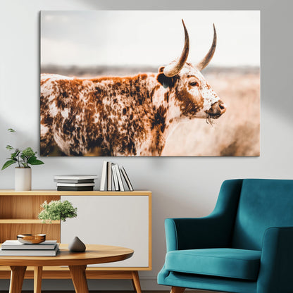 11528295-MGV-CV-36X24-Speckled Longhorn Wall Art Canvas Print, Framed Texas Cattle Art Picture Print, Horned Cow Perfect Rustic Western Decor Artwork