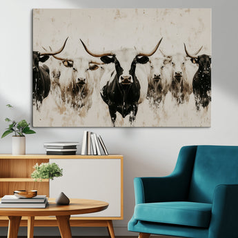 12027562-MGV-CV-36X24-Longhorn Cattle Wall Art Canvas Print, Framed Bison Herd Art Picture Print, Cattle Group Perfect Rustic Farmhouse Decor Artwork