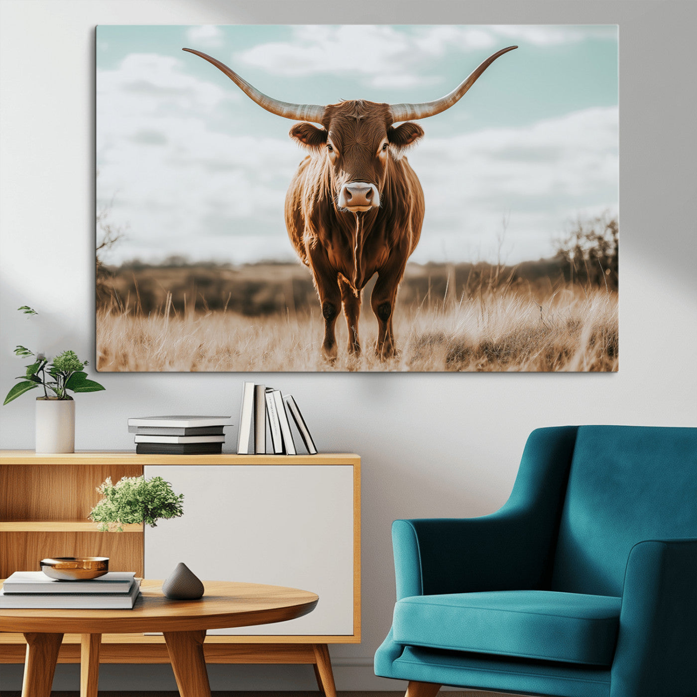 39350715-MGV-CV-36X24-Texas Longhorn Wall Art Canvas Print, Framed Longhorn Cow Art Picture Print, Western Cattle Perfect Rustic Western Decor Artwork