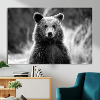 MGV-CV-36X24 - Grizzly Bear Wall Art Canvas Print, Framed Black White Bear Art Picture Print, Wild Bear Perfect Rustic Wildlife Decor Artwork
