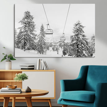 55003599-MGV-CV-36X24-Snowy Ski Lift Wall Art Canvas Print, Framed Winter Forest Art Picture Print, Ski lift Ride Perfect Winter Lodge Decor Artwork