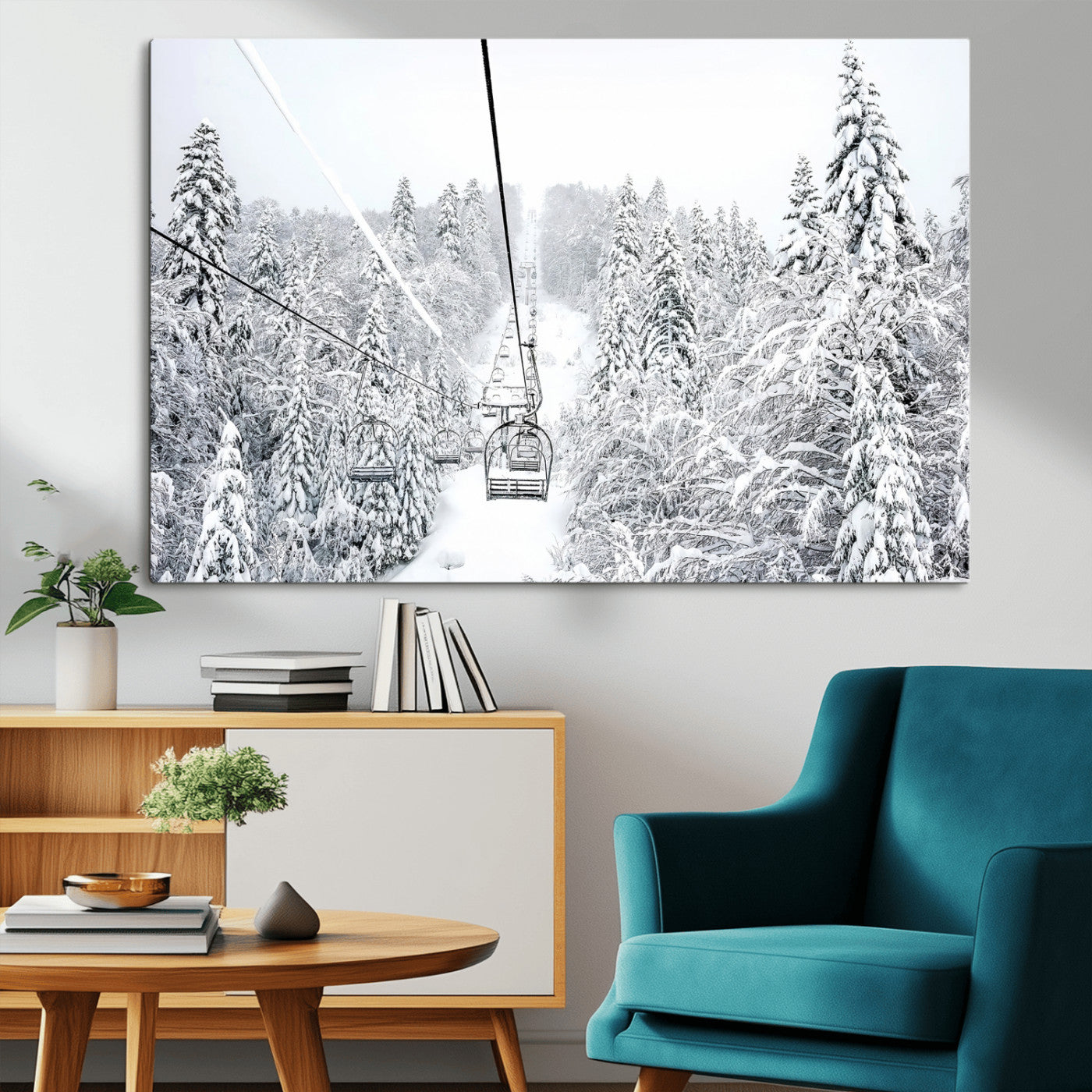 60296839-MGV-CV-36X24-Snowy Mountains Wall Art Canvas Print, Framed Ski Lift Art Picture Print, Winter Forest Perfect Winter Minimalist Decor Artwork