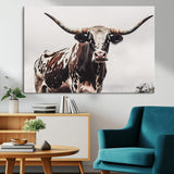 95249234-MGV-CV-36X24-Texas Longhorn Wall Art Canvas Print, Framed Spotted Bull Art Picture Print, Horned Cattle Perfect Rustic Farmhouse Decor Artwork